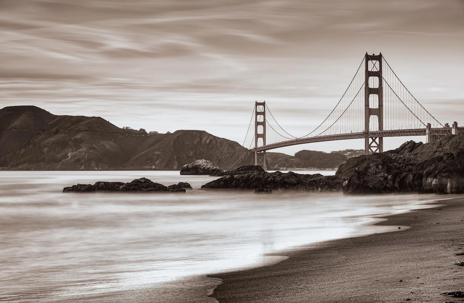 Golden Gate Bridge From Beach - Long Exposure Photography 5K Wallpaper (6026x3943)