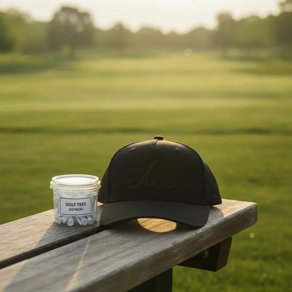 Best golf accessories scene featuring a performance hat and white golf tees for everyday on-course use