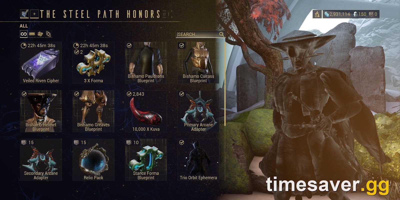 Teshin's Steel Path Honors shop interface in Warframe, where Steel Essence is spent on Umbra Forma, Kuva, Rivens and arcanes