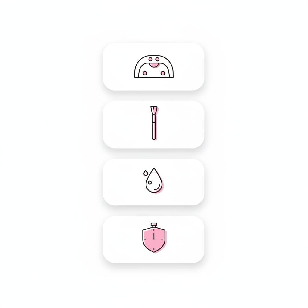 Minimalistische 2D-Vektor-Infografik für DIY Gel Nägel mit fünf vertikal angeordneten Icons (Lampe, Pinsel, Öltröpfchen, Uhr, Schutzschild) in NailX-Farben.