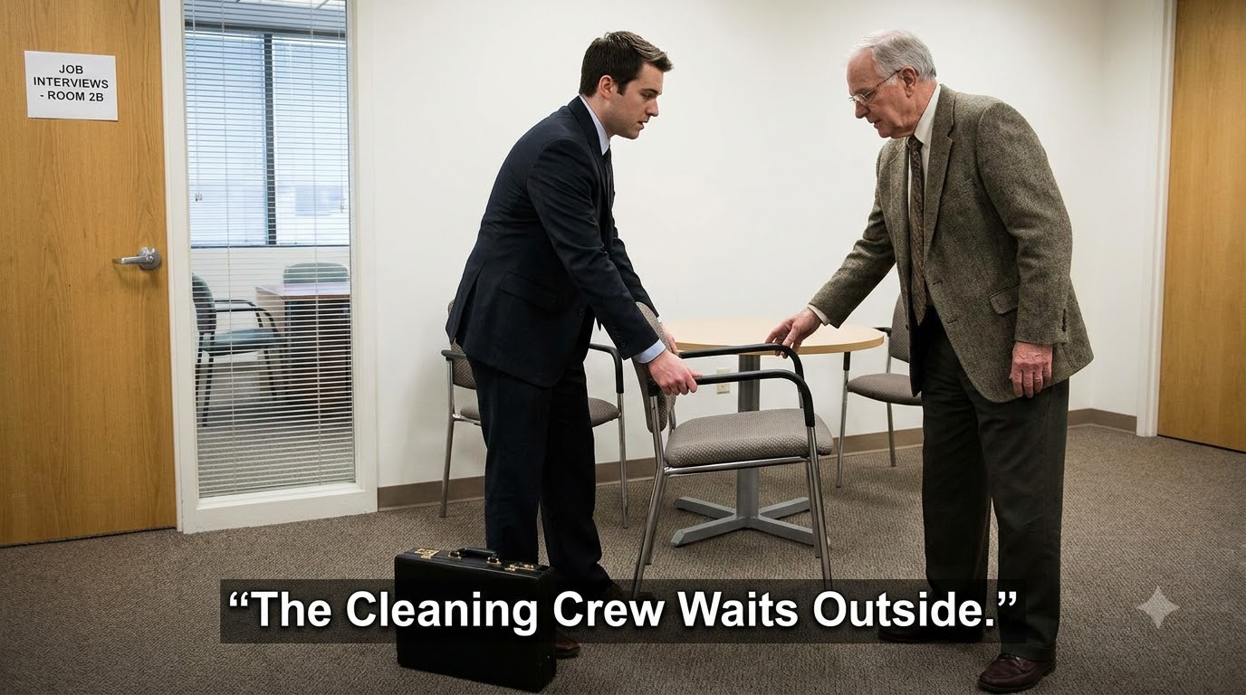 The Job Applicant Pulled An Empty Chair Aside Just As The Older Man Reached For It. “The Cleaning Crew Waits Outside.”