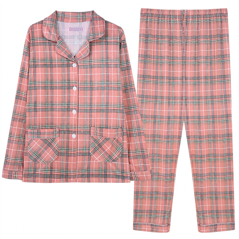 Damen-Schlafanzug, langärmelig, kariertes Design