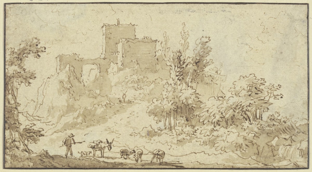 Burgruine vorne ein Hirte mit Eseln und Schafen
