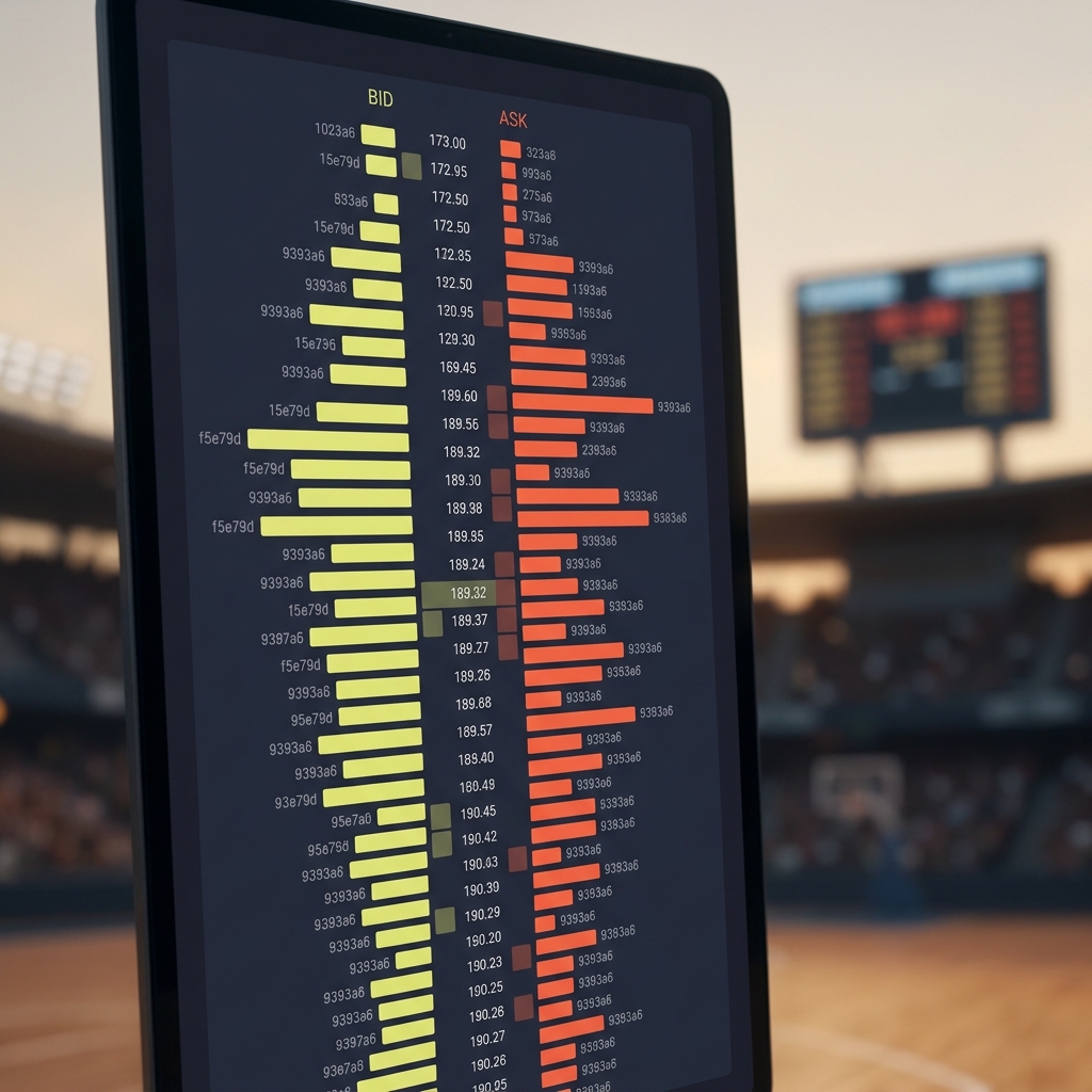 Close up exchange order book screen showing highlighted bid ask depth and price ladder for Trading Games with Large Point Spreads with a subtle blurred sports background