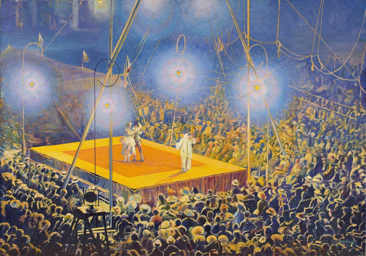 Clowns in the arena of the circus Italian Comedy 1920
