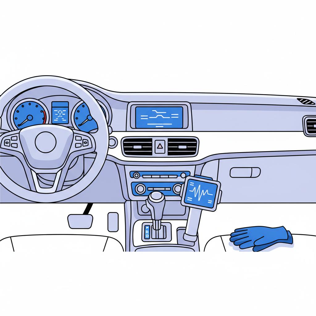 Minimal 2D vector illustration of a car dashboard and gear shift with diagnostic scanner and mechanic glove indicating inspection in CarFax Deals colors used honda fit for sale
