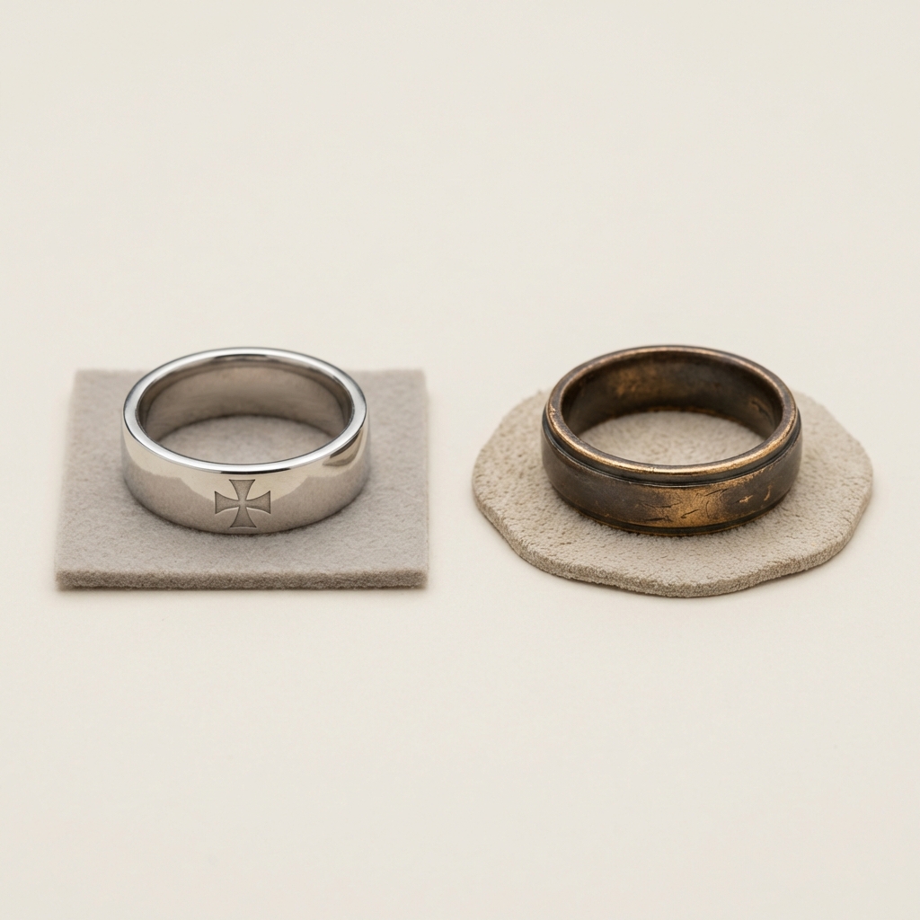 Side by side comparison photograph of an ancient knights templar ring museum catalog style and a worn marketplace ring on a neutral #ede7da background minimalist composition