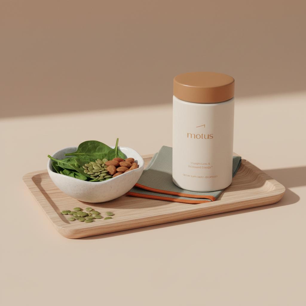Tonum Motus supplement bottle with bowl of magnesium-rich foods (leafy greens, almonds) on a light wooden tray in a minimalist clinical lifestyle scene promoting magnesium for cravings.