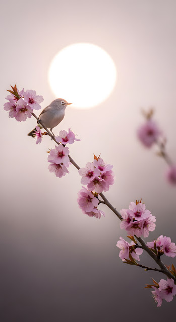 Ethereal Close-up Photo of a Small Bird on Cherry Blossom Branch Against Diffused Moon - Free mobile Wallpaper