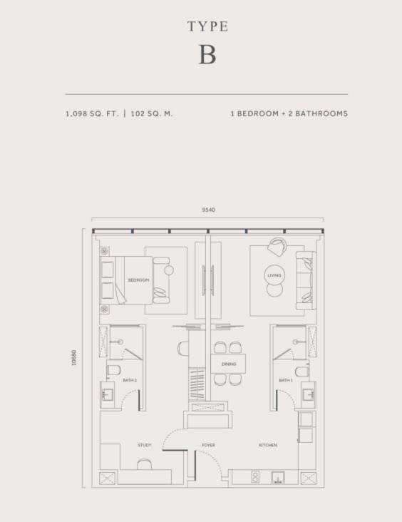 CloutHaus Type B floor plan — 616 sq ft, 1 bedrooms