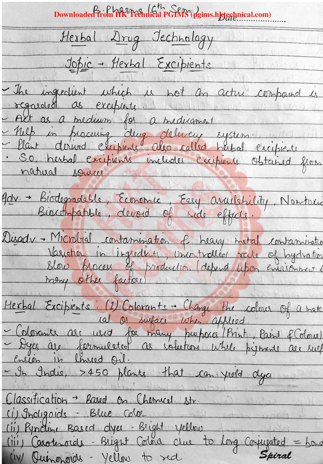 HERBAL DRUG EXCIPIENTS by Nakul Saini 6th Semester B.Pharmacy Lecture Notes,BP603T Herbal Drug Technology,BPharmacy,Handwritten Notes,BPharm 6th Semester,Important Exam Notes,