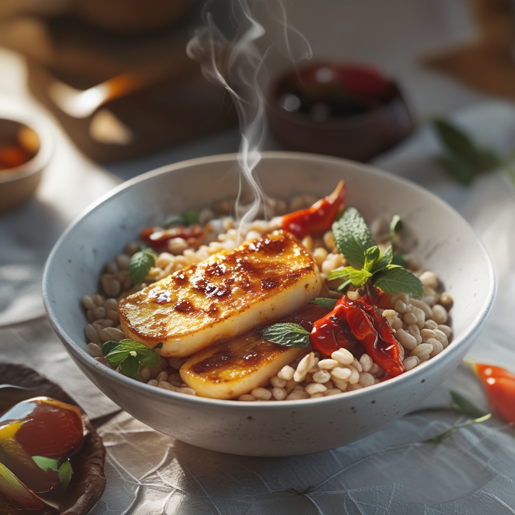 Harissa Halloumi & Barley Power Bowls with Lemon-Date Glaze