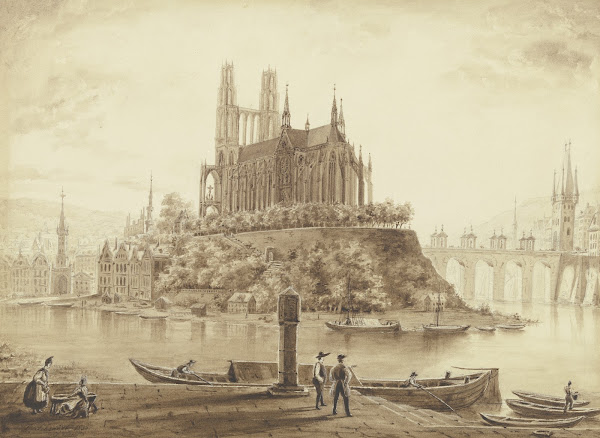 Gotischer Dom von einem Fluß umgeben in einer Stadt 1835