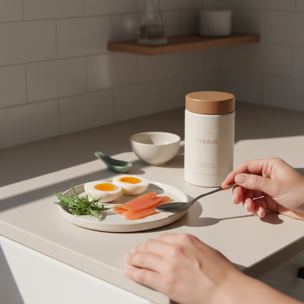 Tonum Motus jar on a minimalist kitchen counter beside eggs, smoked salmon and milk thistle leaves, suggesting protein-rich nutrition to help lose stomach fat female.