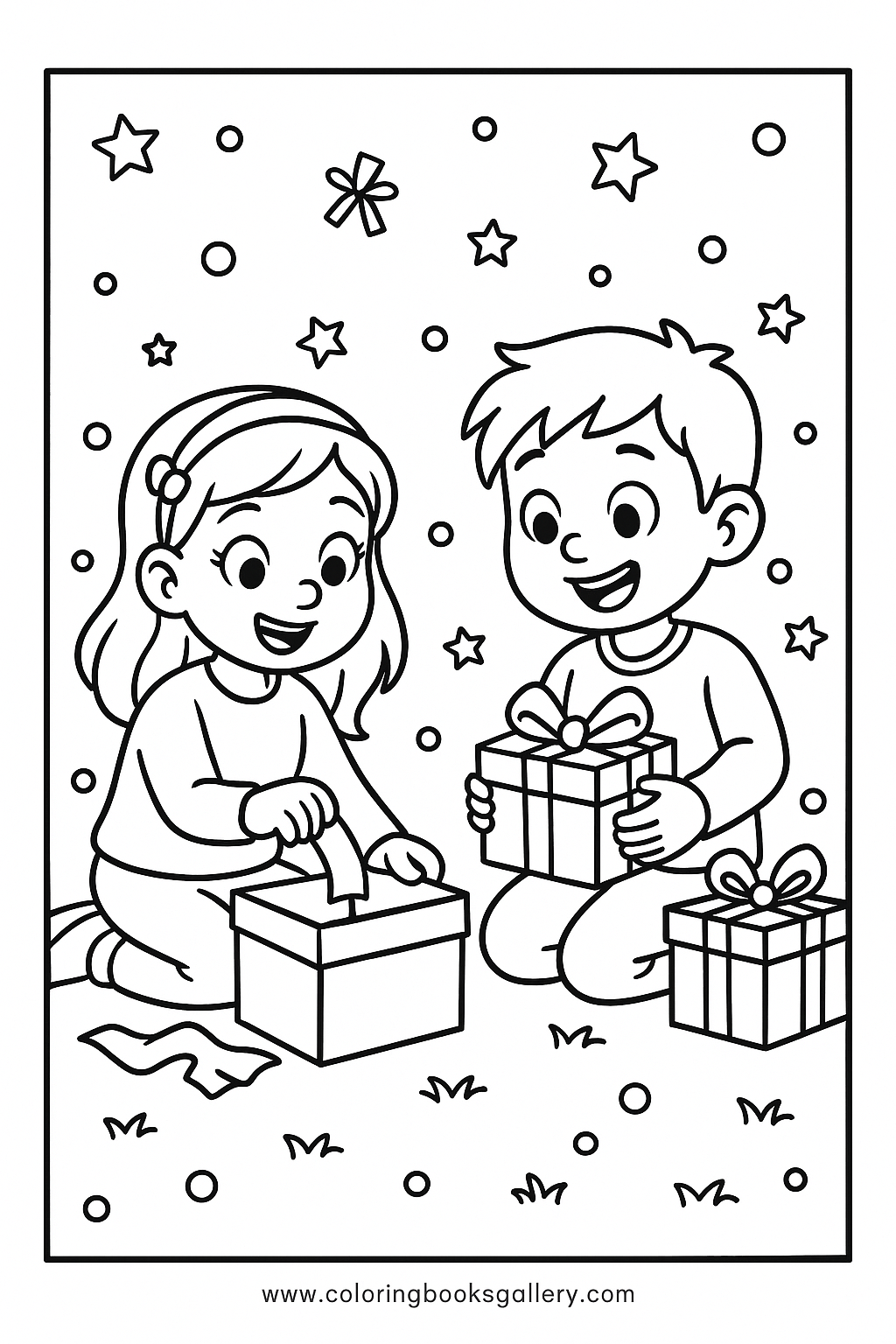Children opening Christmas presents – Free Printable Coloring Sheet for Kids and Adults – printable coloring page