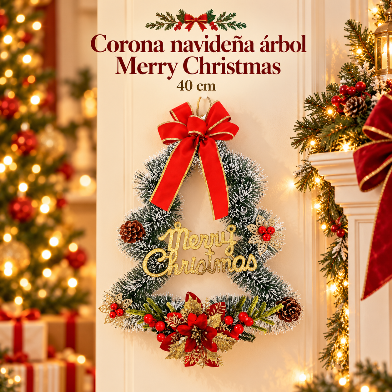 Corona navideña Merry Christmas en forma de árbol 40 cm
