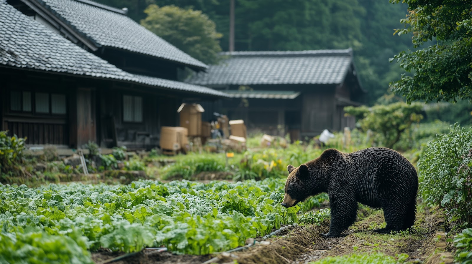 住宅地に近い畑を歩くクマのイメージ