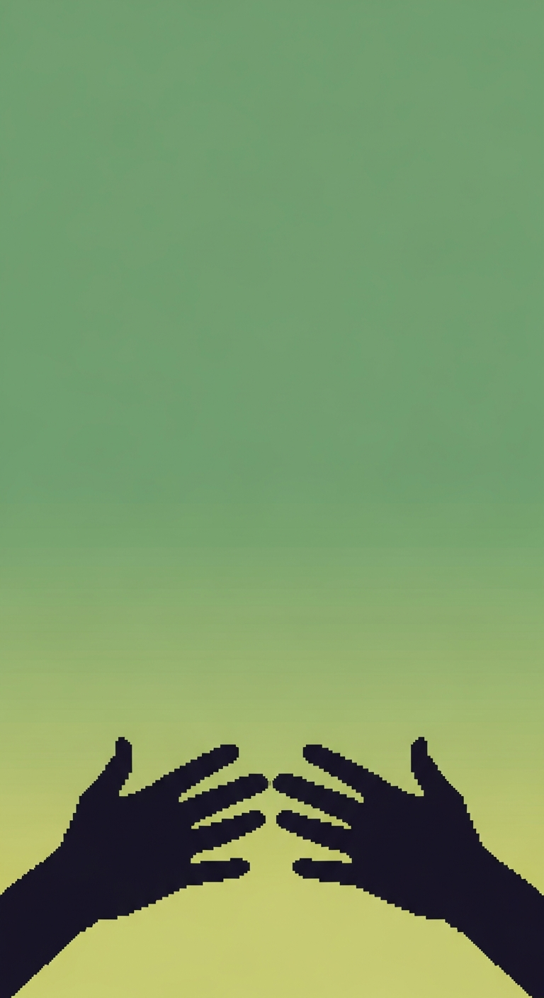 Minimal Retro Pixel Art of Two Hands Reaching on a Solid Green Background - Free 4K mobile Wallpaper