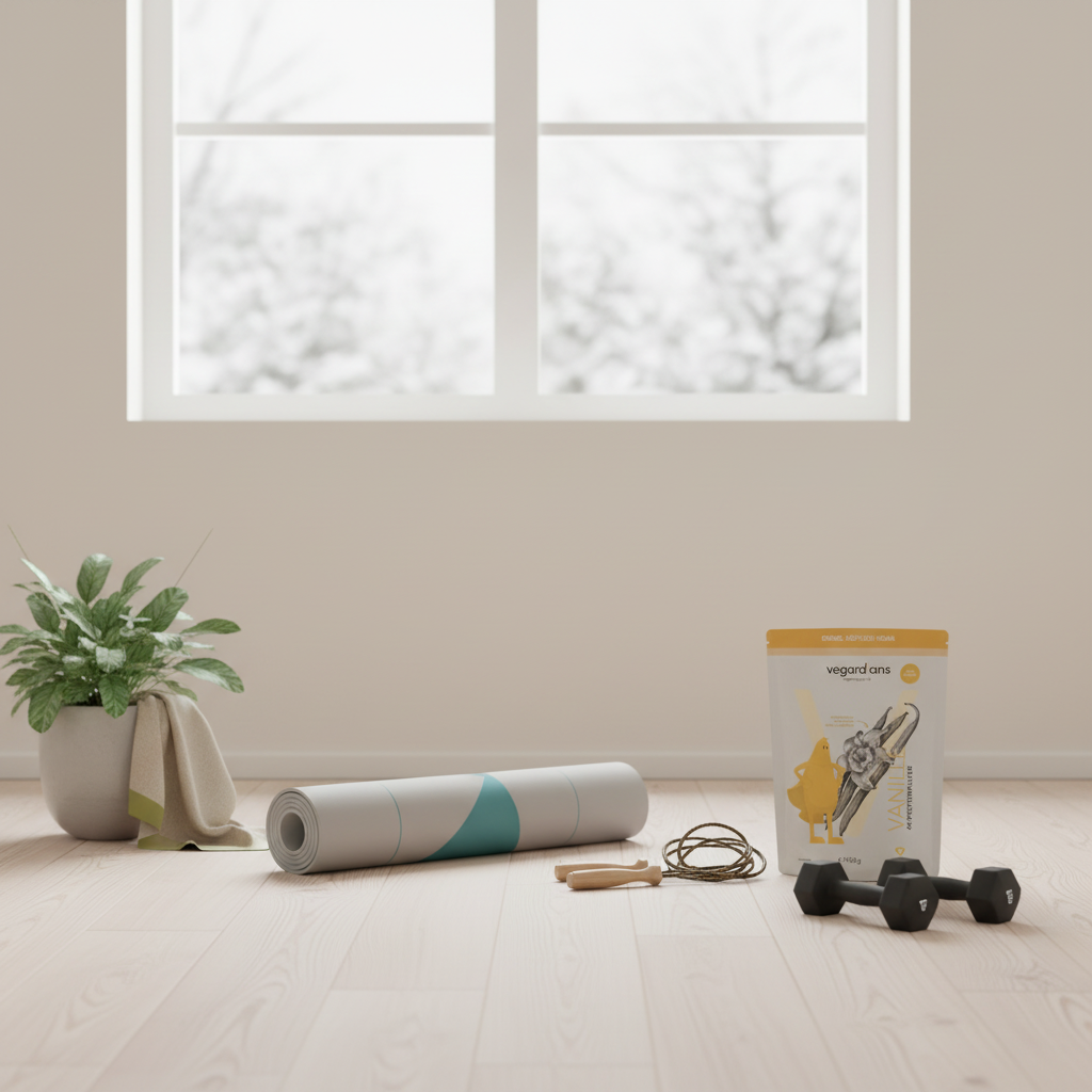 Minimalistische Heimtrainingsszene mit Yogamatte, Kurzhanteln und Springseil im skandinavischen Wohnzimmer bei Winterlicht – motivierend, aufgeräumt, ideal für 30 kg abnehmen