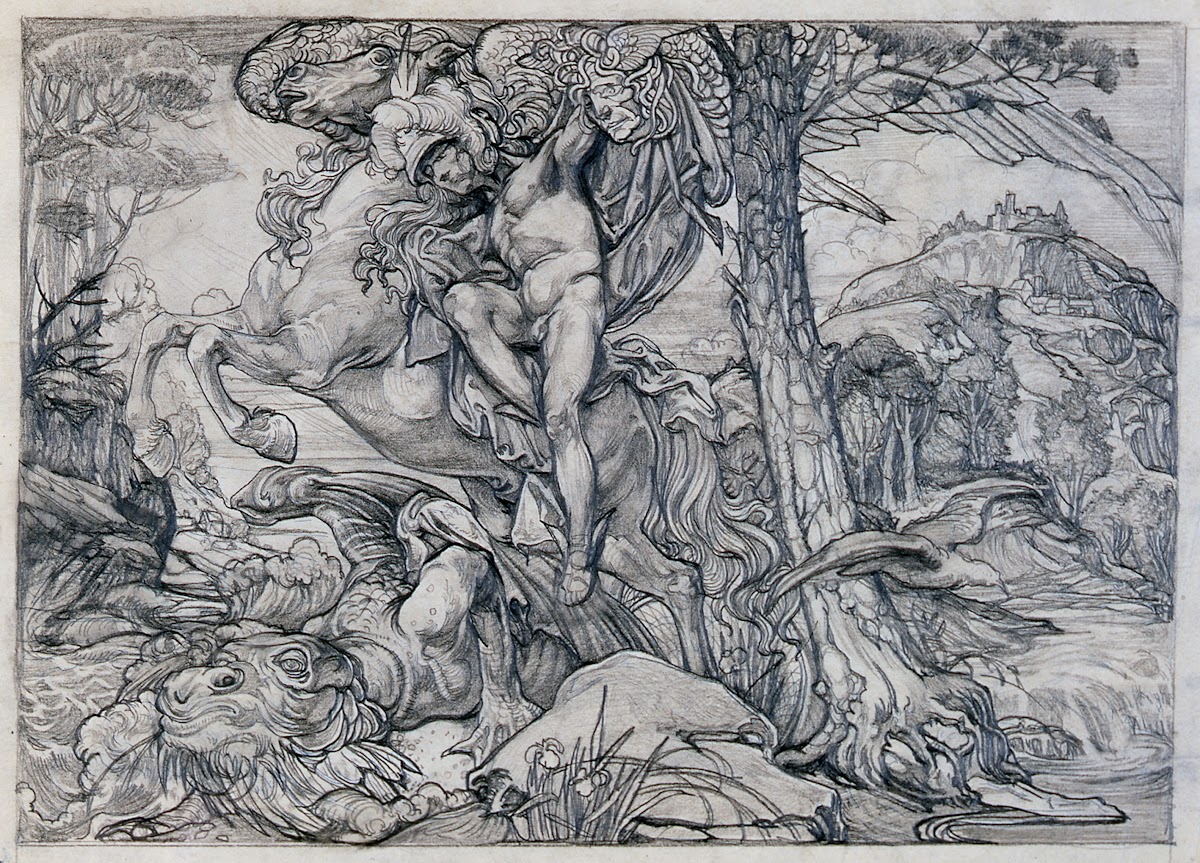 Perseus riding Pegasus killing the dragon