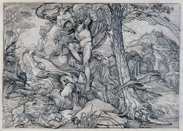 Perseus riding Pegasus killing the dragon