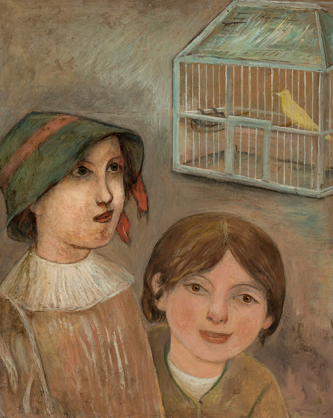 Two little girls beside a cage with a canary 1922