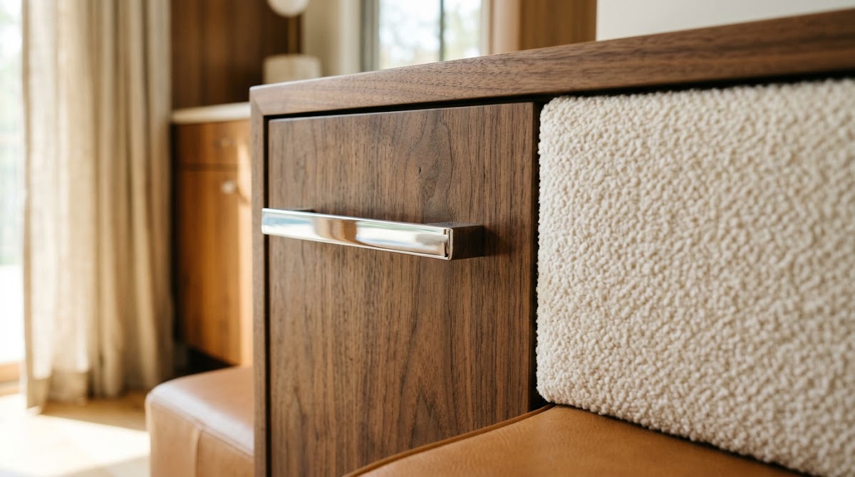 How to Pair Chrome Hardware With Warm Wood Cabinets - chrome detail beside warm wood grain and textured fabric