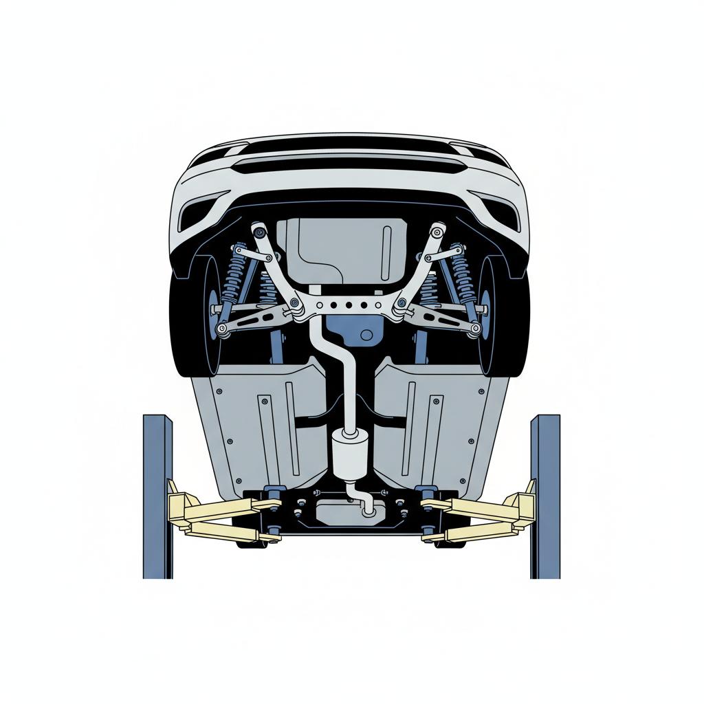 Minimalist 2D vector undercarriage view of a clean vehicle on a lift with white background and subtle blue accents representing most reliable car brands