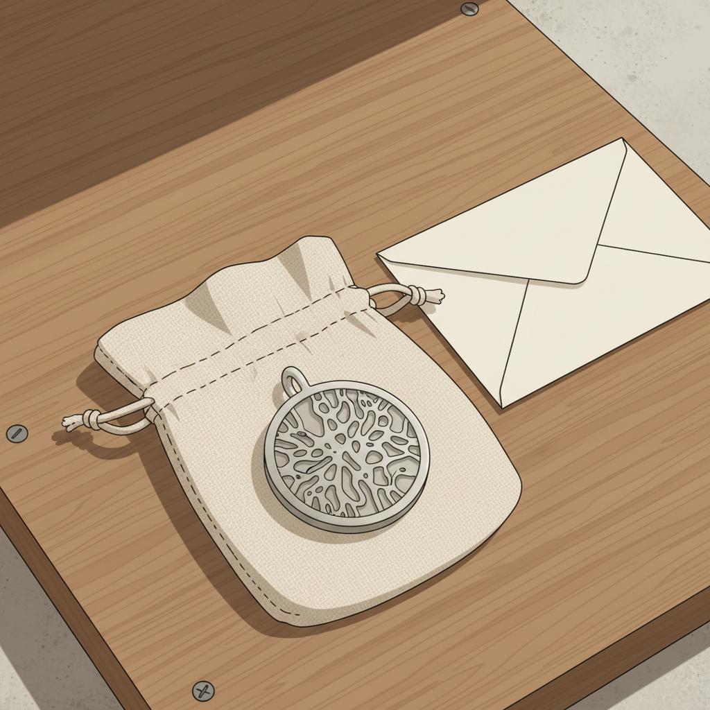 Detailaufnahme eines personalisierten Metallanhängers auf Stofftäschchen neben einer handgeschriebenen Karte (ohne lesbare Schrift) auf warmer Holzoberfläche, geschenke zur konfirmation