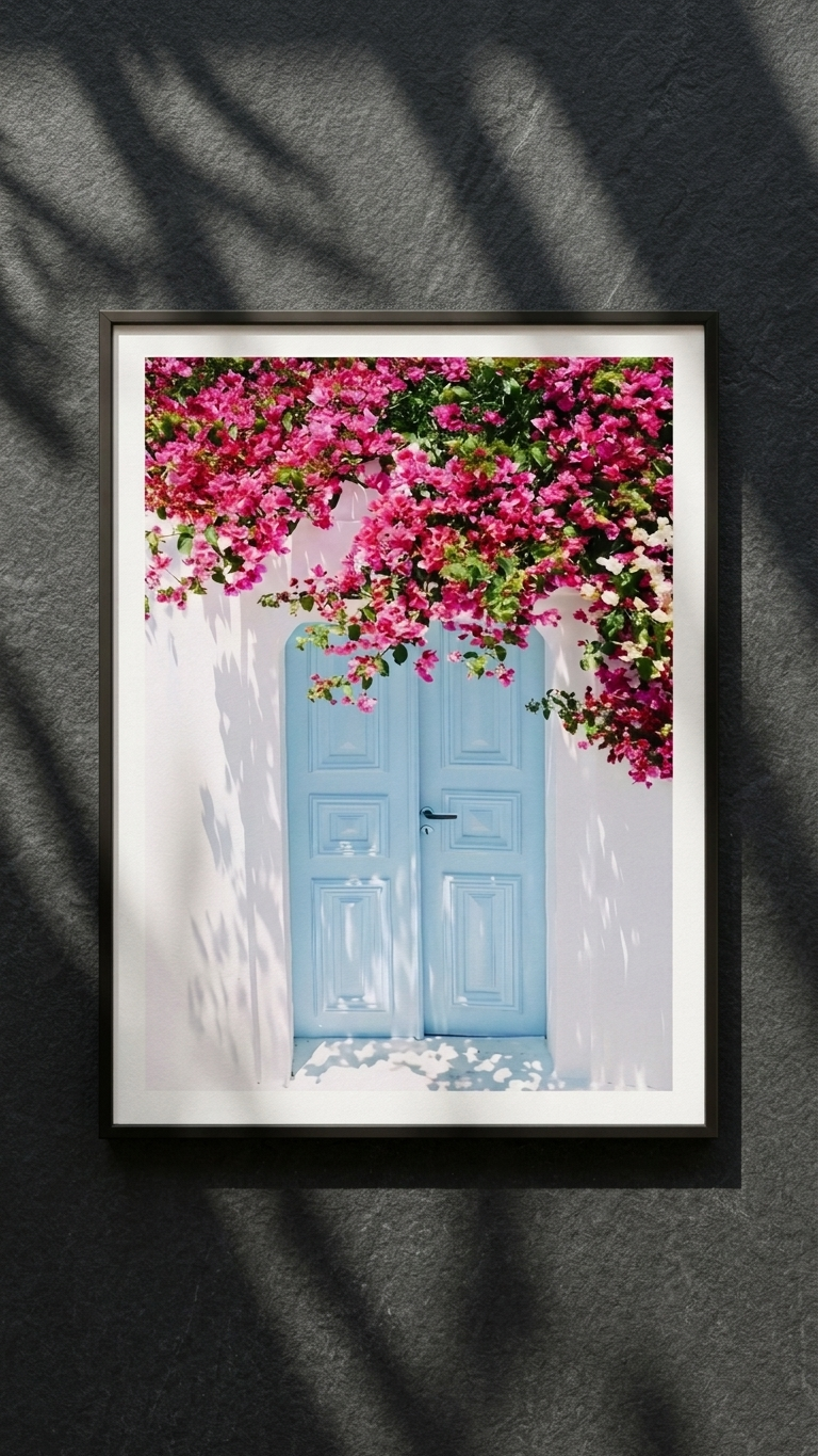 Vibrant Pink Bougainvillea & Blue Door Canvas Print Wall Art UK (40x60) - Image 4