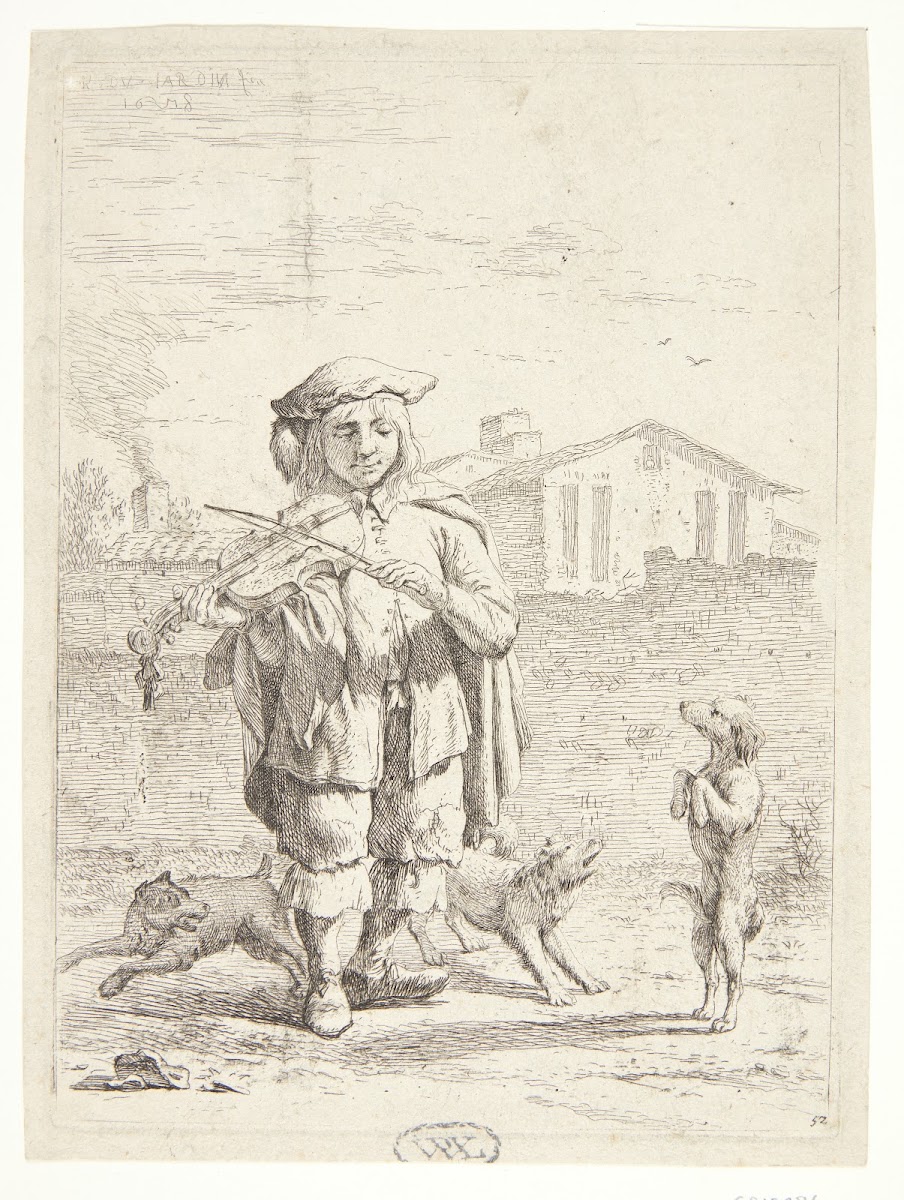 Fiolspiller med tre hunde Savoyarden 1658