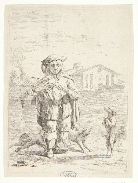 Fiolspiller med tre hunde Savoyarden 1658
