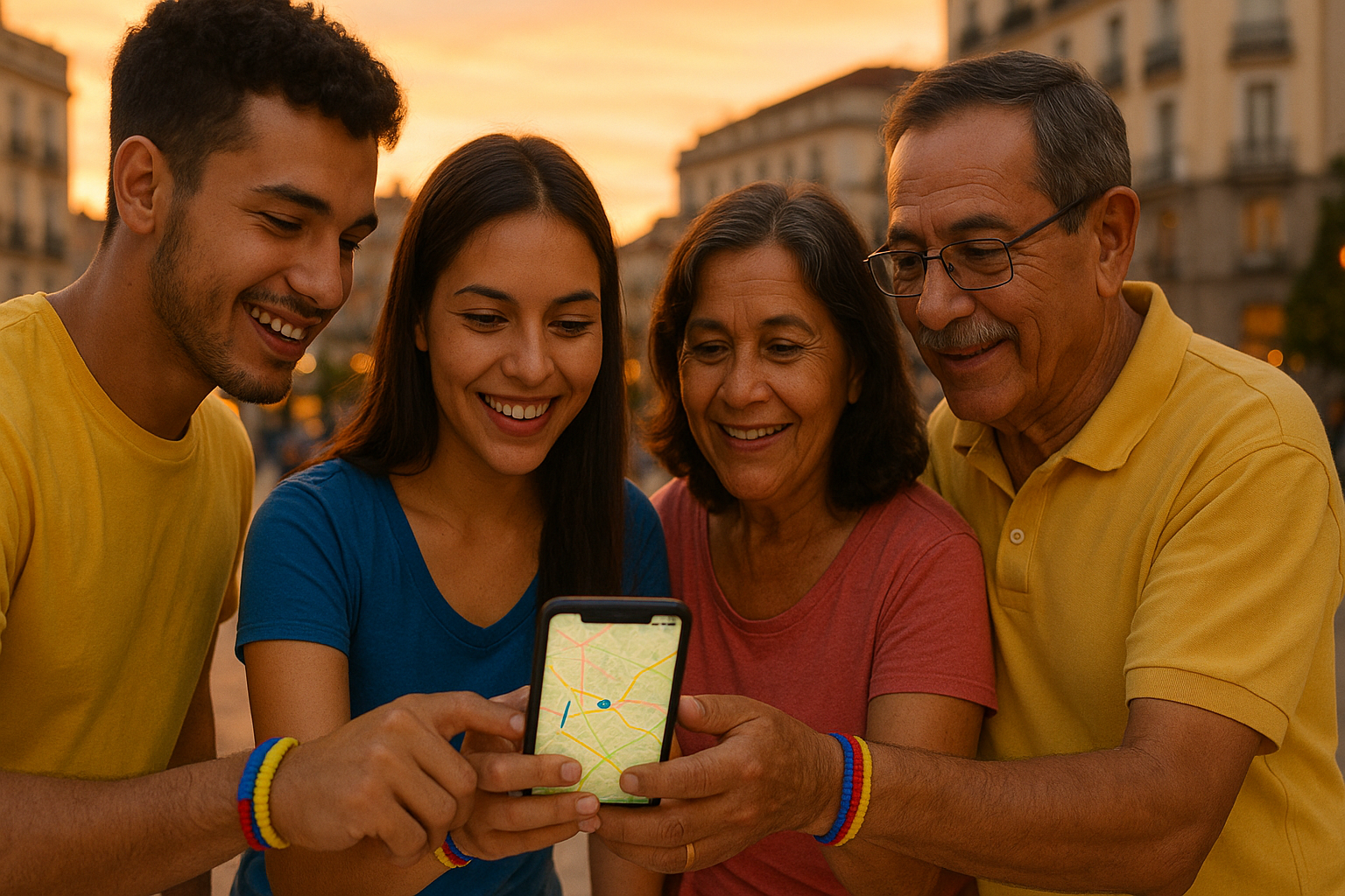 Grupo de venezolanos consultando un mapa en un teléfono, ciudad al atardecer