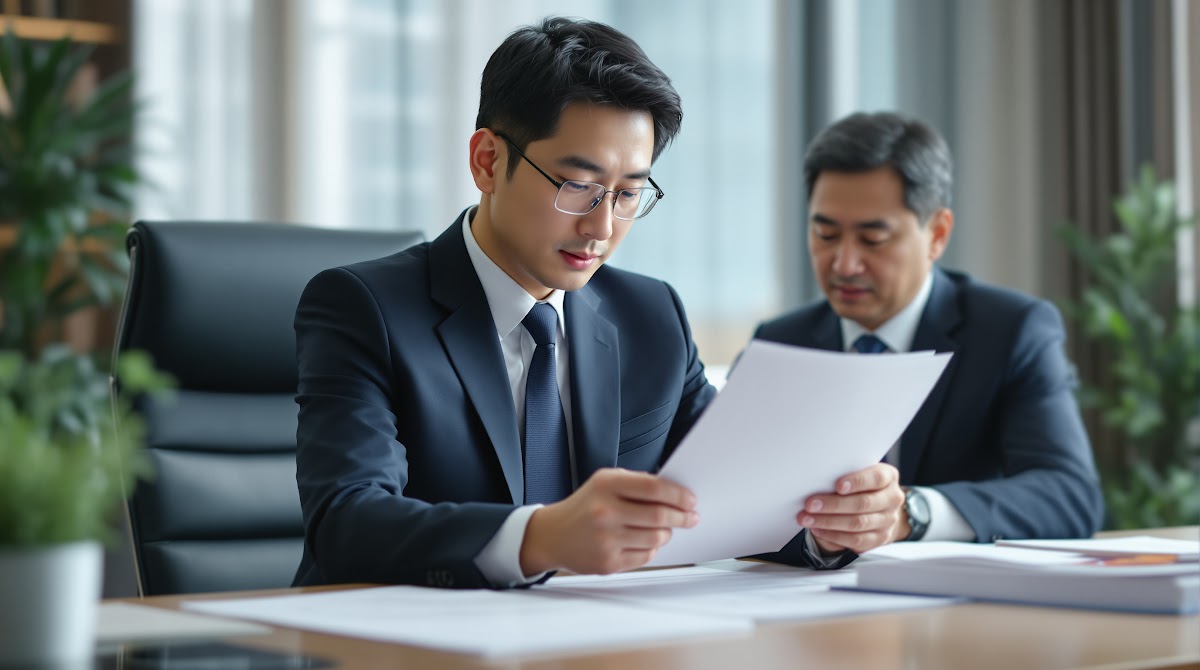 보훈심사 변호사 추천 기준에 따라 실제 변호사가 성공사례 자료, 합격률 차트, 고객 상담 결과를 검토하는 모습, 신뢰성 높은 변호사와 국가유공자, 가족이 함께 상담 중인 장면, 전문성과 투명성이 강조되는 환경