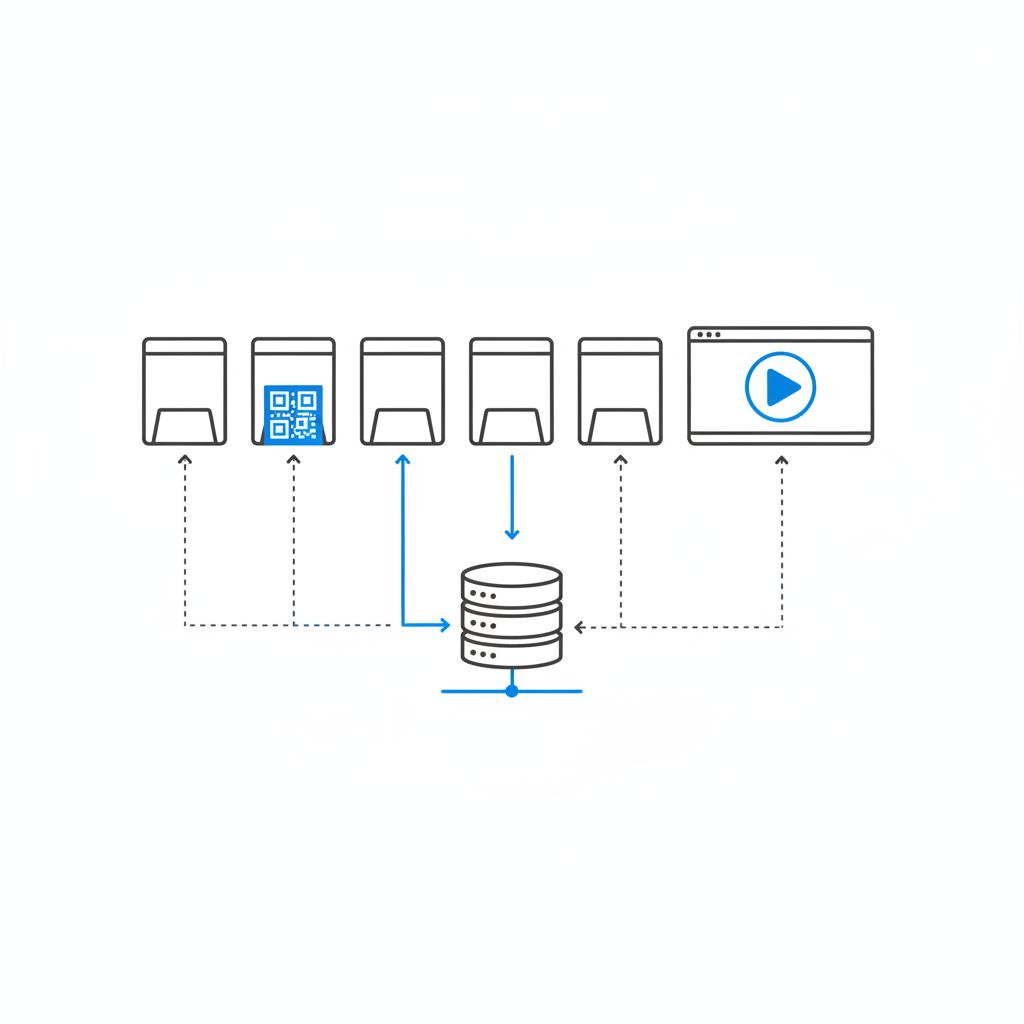2D vector line-art of a hybrid event floor map with booths showing QR icons, a virtual session screen, and arrows routing attendee data to a CRM server &mdash; how to generate leads for events