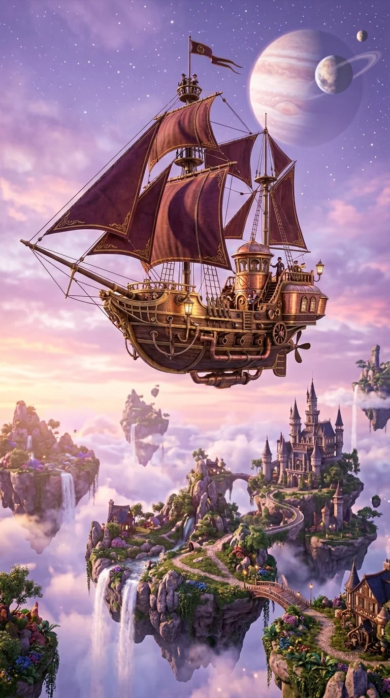 Whimsical Victorian Airship Floating Above Surreal Islands - Free 4K mobile Wallpaper