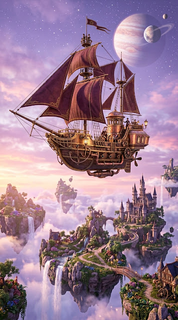Whimsical Victorian Airship Floating Above Surreal Islands - Free mobile Wallpaper