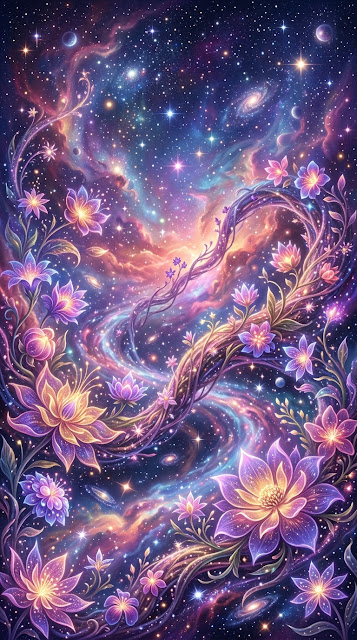 Serene Cosmic Garden with Celestial Flowers and Nebula - Free mobile Wallpaper