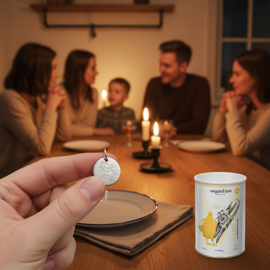 Hand hält Edelstahl-Anhänger mit haptischer Gravur, warme Abendstimmung, unscharfe Familie im Hintergrund — Geschenk für Eltern wenn sie schon alles haben
