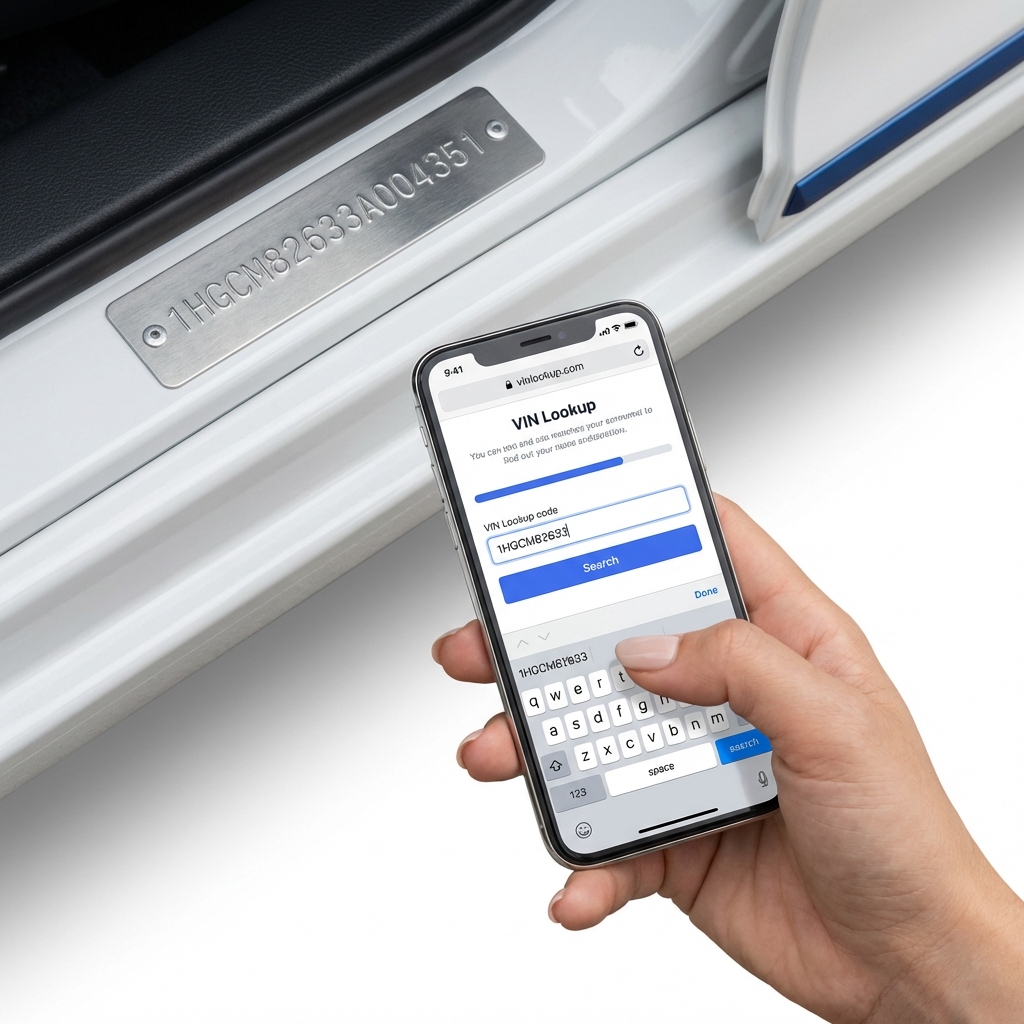 Close up of a vehicle VIN plate and a hand typing the VIN into a smartphone VIN lookup form on trail blazer chevy minimal white background blue accents