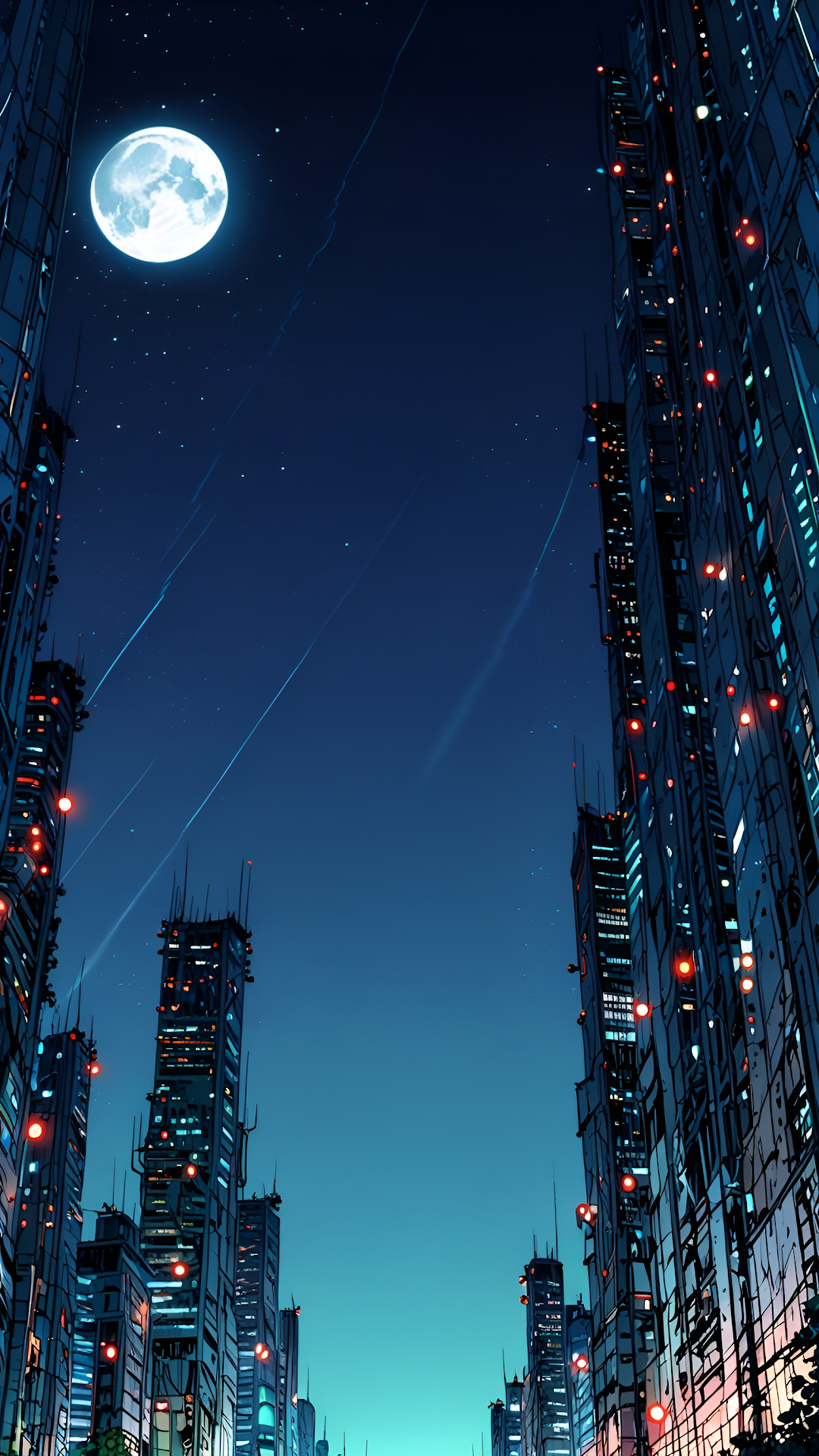 Neon Skyscrapers Towering Under Full Moon in Cyberpunk City - Free 4K mobile Wallpaper
