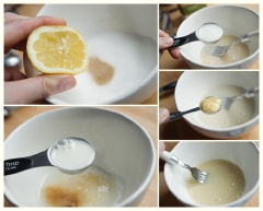 Cho 1 muỗng canh nước cốt chanh, 1.5 muỗng canh đường, 1/4 muỗng cà phê muối, 1 muỗng canh sữa đặc, 1/2 muỗng cà phê tiêu, 1/2 muỗng cà phê tương hạt cải vào một chén. Khuấy đều.