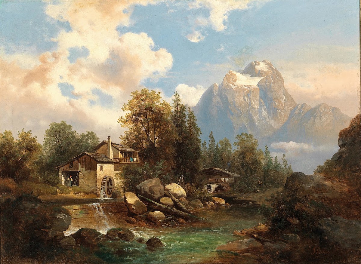 A Mill by a Mountain River in the Background the Dachstein Massif