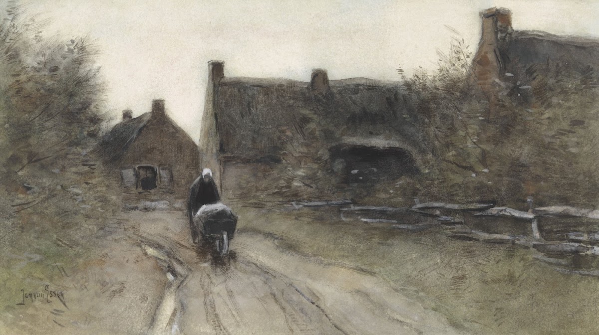 Dorpsgezicht met vrouw met kruiwagen 1864   1936