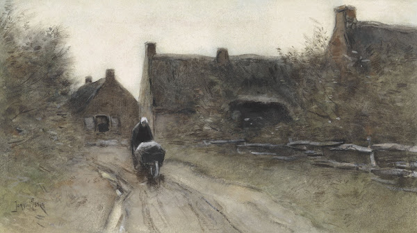 Dorpsgezicht met vrouw met kruiwagen 1864   1936