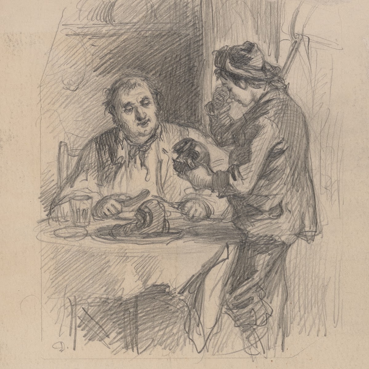 Man at dinner table and weeping boy