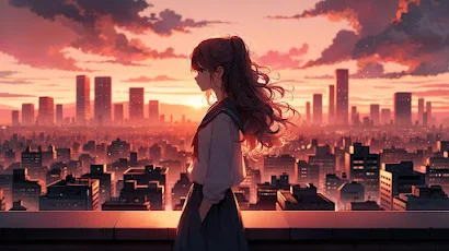 Anime Girls, School Uniform, Schoolgirl, Cityscape, Sunset 4K Wallpaper Background