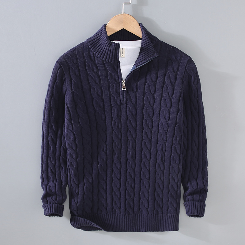 Men's knitted sweater with zipper and stand-up collar