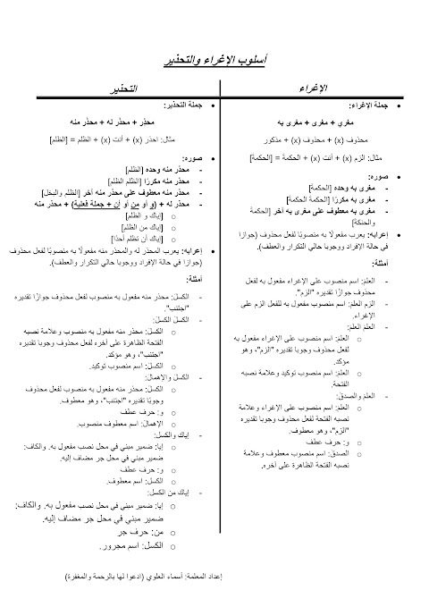 ملخص درس أسلوب الإغراء والتحذير - إعداد أسماء العلوي - عربي الصف 12 الفصل 1
