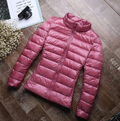 Short Women's Down Jacket, White Duck Down Filling, Stand-Up Collar